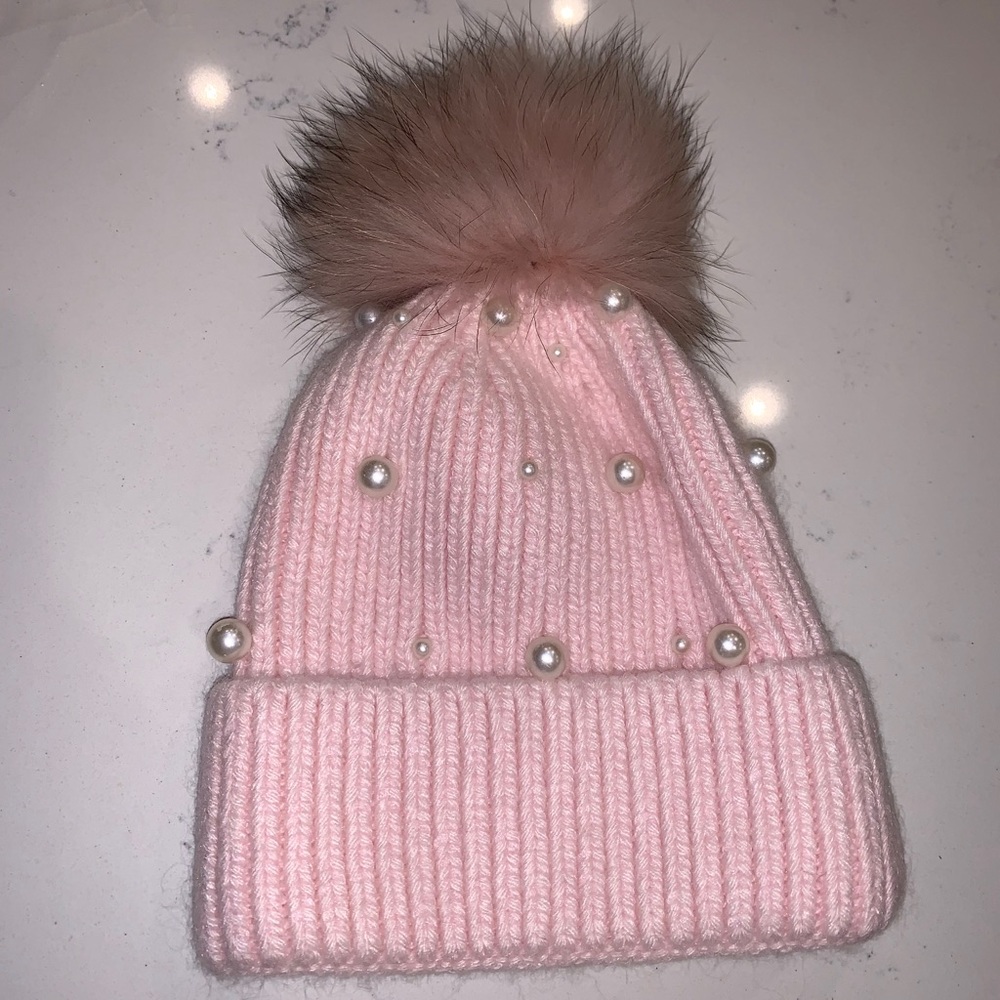 Pink Knit Beanie with Faux Fur Pom and Pearls